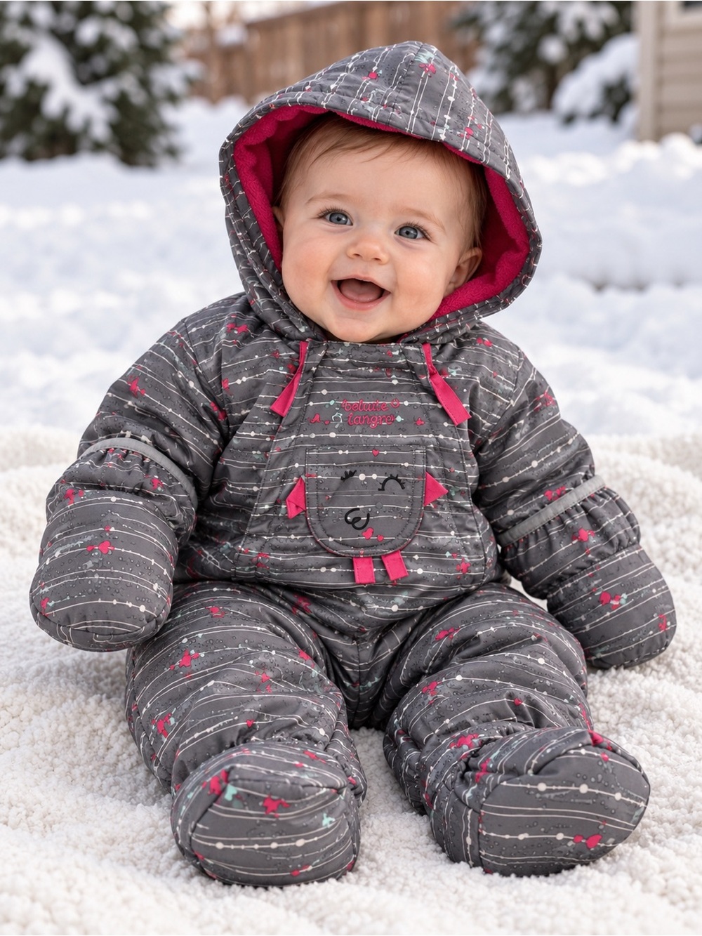 Peluche & Tartine Baby Girls’ 6M Hooded Bunting Suit – Grey Pink – Fleece Line